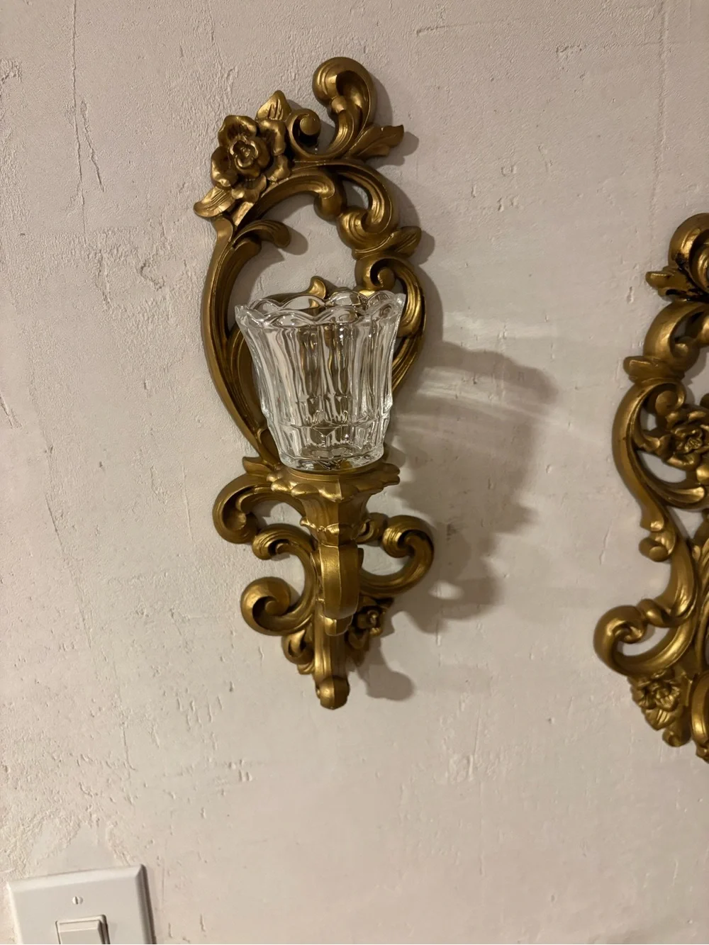 Pair of Gold Ornate Wall Lantern Sconces with Clear Glass Cups